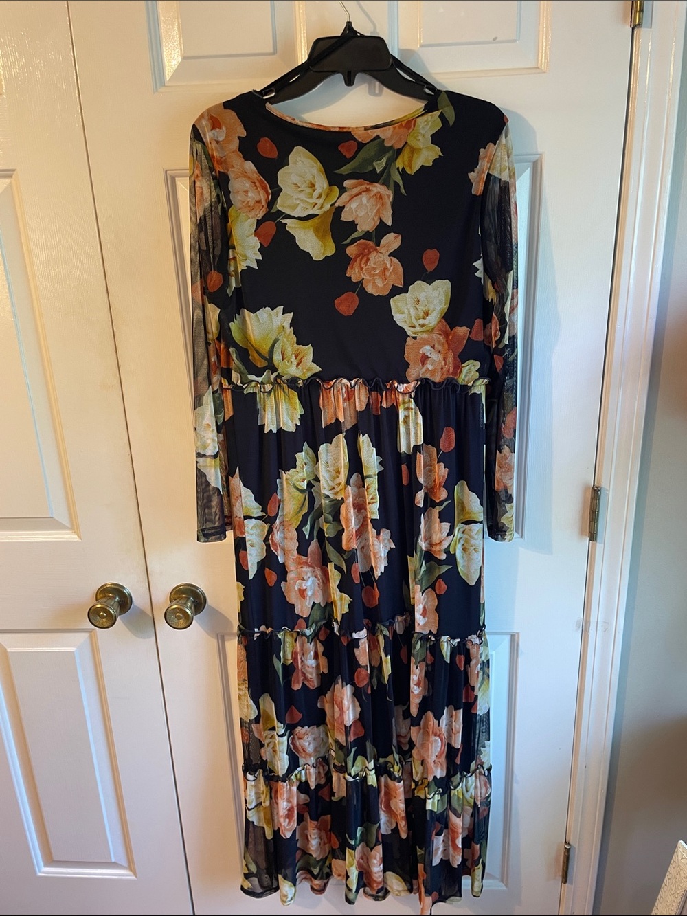 Women’s Enfocus Women Navy Floral Tiered Maxi Dress with Peach and Yellow Blooms - Picture 3 of 4